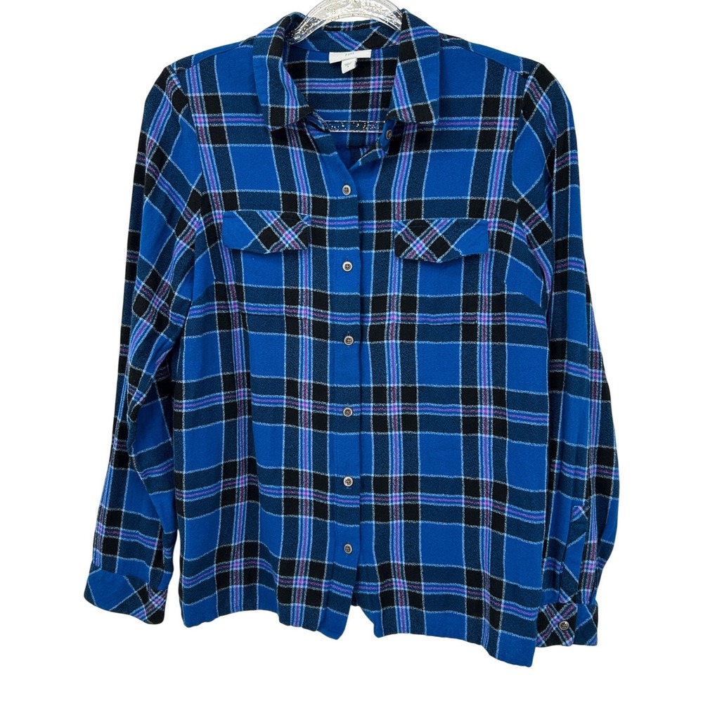 J. Jill Womens Blue Plaid Flannel Button Down Shirt Long Sleeve Size S Pockets